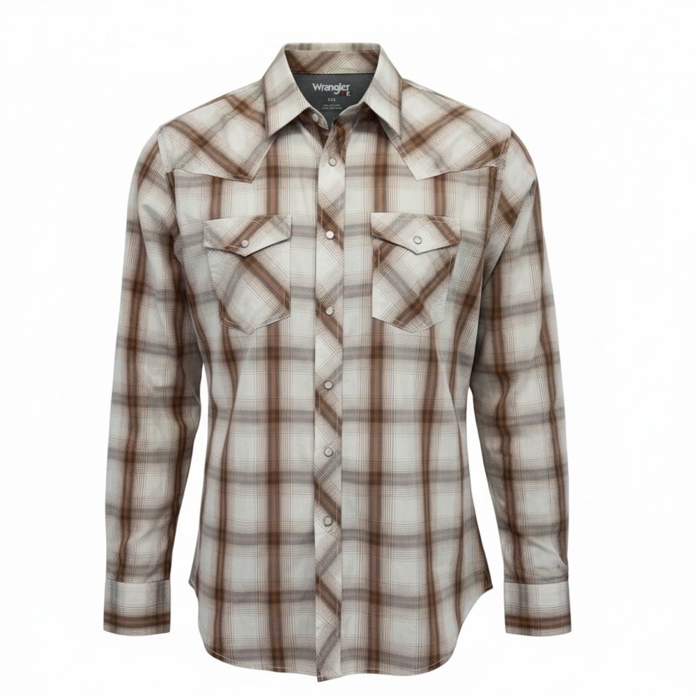 Wrangler 20X Mens XXL Brown Plaid Long Sleeve Western Pearl Snap Shirt (N32)